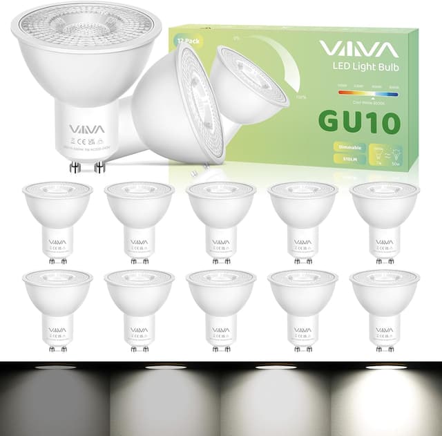 Detalle de VIIIVA GU10 LED Bulbs Cool White Dimmable 7W (12-Pack) – 6000K, 510lm, 38° beam angle