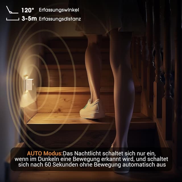 Detalle de Emeritpro Nachtlicht-Steckdose mit Bewegungsmelder & Dämmerungssensor, 3 Helligkeitsstufen, 2er-Set (Warmweiß)