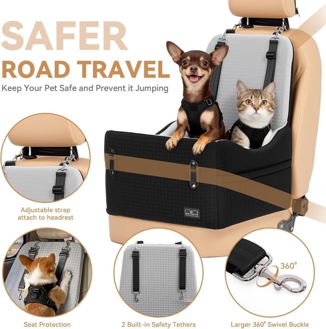 Detalle 2 de PETSFIT Dog Car Seat for Small Dogs up to 35 lbs with Patented Safety Buckle System (Black & Grey)