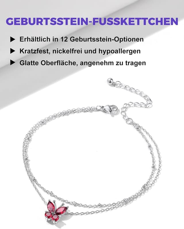 Detalle de Richsteel Geburtsstein Fußkette für Damen – doppeltes Fußkettchen aus 316L Edelstahl mit Schmetterling