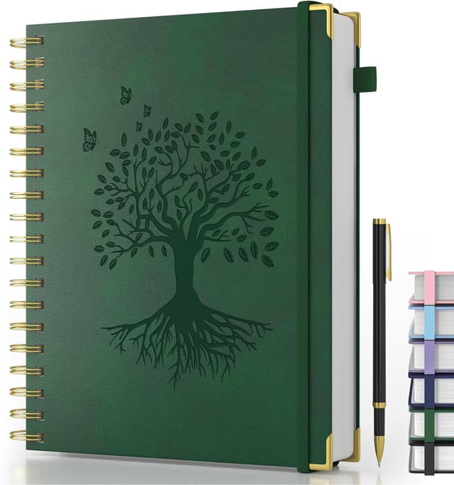 Detalle de Smarpau Notizbuch B5 im Hardcover-Lederlook mit Spiralbindung, dunkelgrün – mit Stift, 240 Seiten