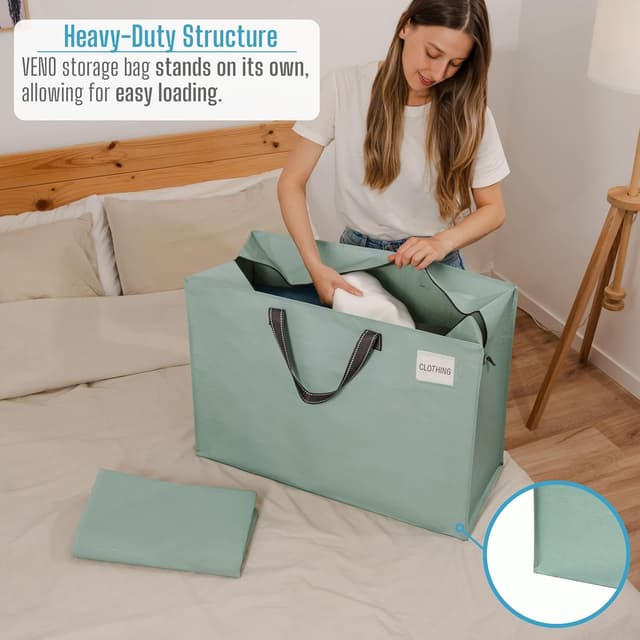 Detalle 2 de VENO 4 Pack 105L Large Storage Bags (Light Green) – Underbed & Moving Storage for King Duvets, Bedding and Clothes