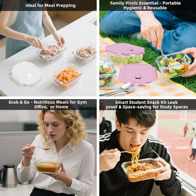 Detalle 2 de MerryNine Glass Food Storage Containers 10-Pack (1040ml & 370ml) with Airtight Leakproof Lids