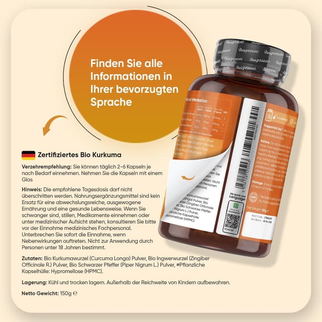Detalle 2 de WeightWorld Kurkuma Kapseln 180 Stk 💊