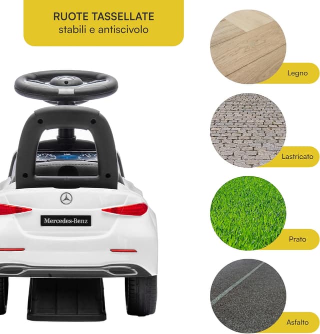 Detalle 2 de Baroni Toys Mercedes Ride-On Macchinina Spingi e Vai per bambini 1-4 anni con luci LED, suoni realistici e ruote antiscivolo