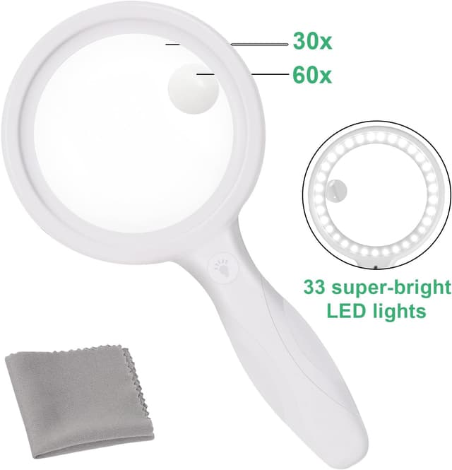 Detalle de Lente d’ingrandimento con luce USB ricaricabile 30X/60X e 33 LED (3 modalità)