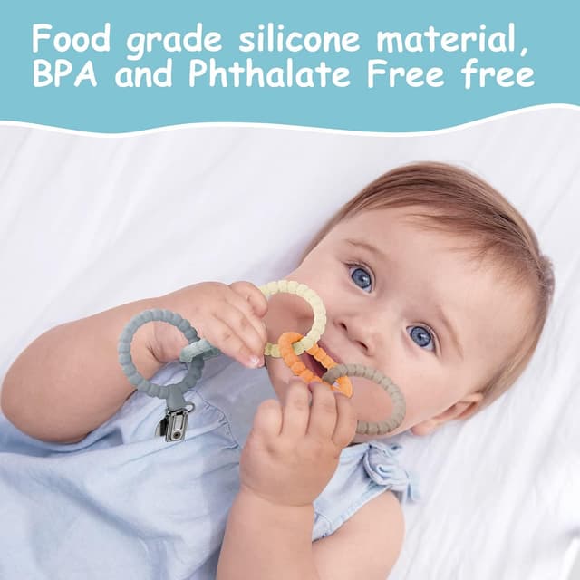 Detalle de Vicloon Dentizione Neonati: set da 5 anelli massaggiagengive in silicone con clip per ciuccio