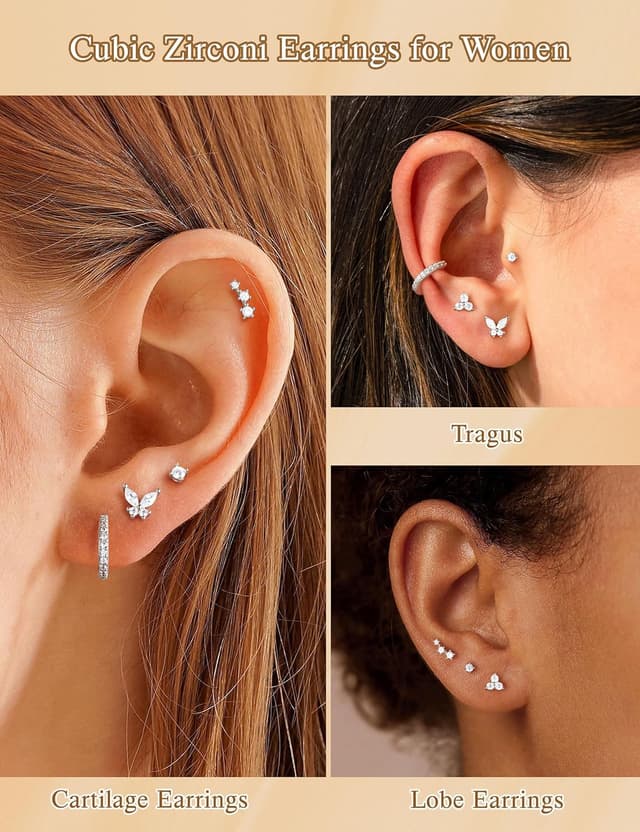 Detalle de TINGN 7 Pairs Stud Hoop Earrings Set (14K Gold Plated) for Women – Hypoallergenic Huggie & Tiny Stud Mix