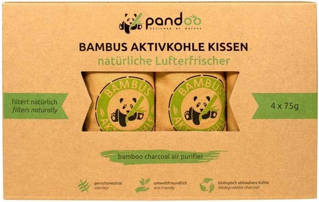 Detalle de pandoo Bambus-Lufterfrischer Natürlich mit Aktivkohle (4 x 75 g) – Geruchsentferner für Schuhe, Auto, Schubladen & mehr