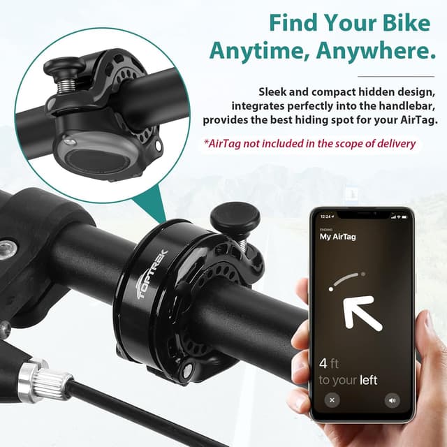 Detalle de toptrek Bike Bell (2025) with hidden AirTag compartment, up to 110dB waterproof aluminium bike bell for kids and adults