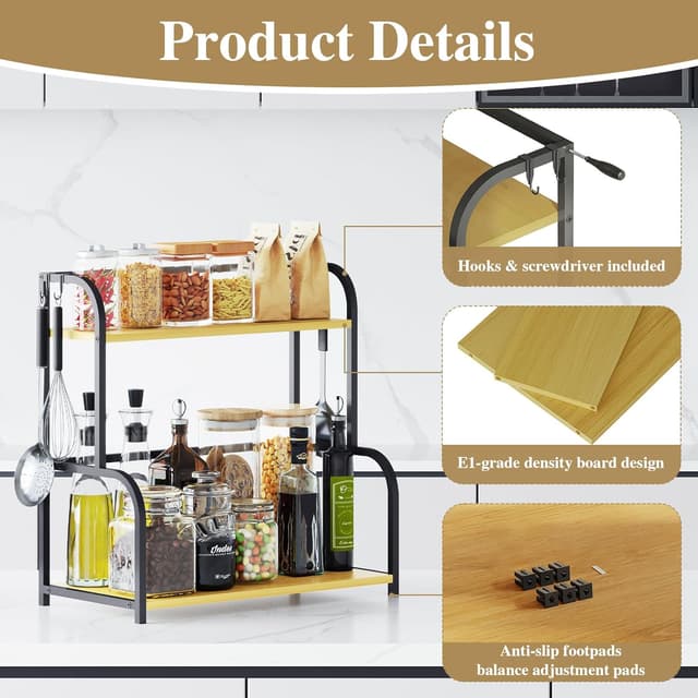 Detalle de Kitchen Shelf Organiser Coffee Station – 2-Tier Black Wooden Countertop Spice Rack Storage Unit