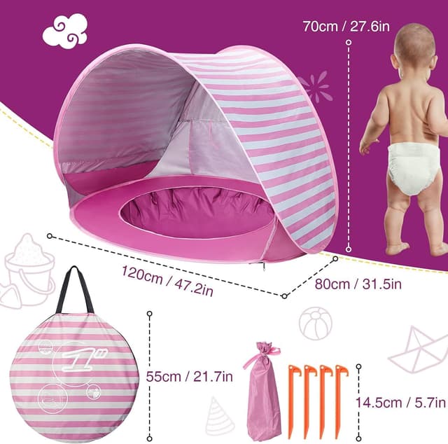 Detalle de Pop Up Baby Beach Tent with Automatic Sun Shade & Mini Pool (Pink)