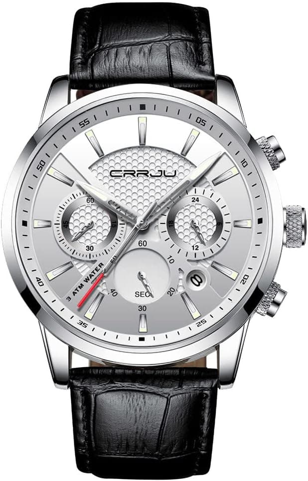 Detalle de CRRJU Herren Chronograph Uhr mit Lederarmband, Analog-Quarz und Datumsanzeige – schwarz