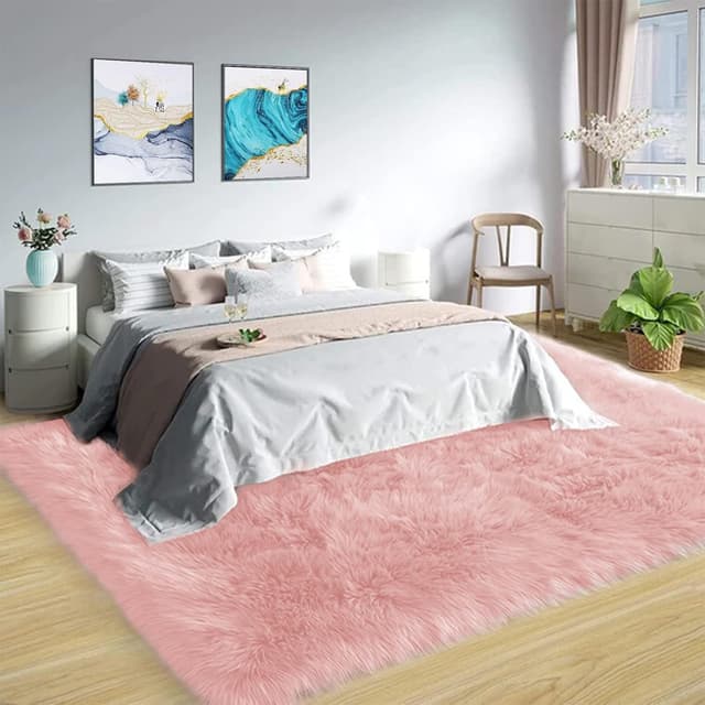 Detalle 2 de Latepis Pink 8x10 Shaggy Faux Sheepskin Fur Area Rug