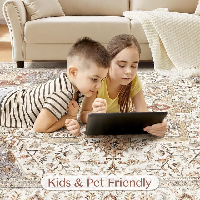 Detalle de Tortania Area Rug Living Room Rugs 9x12 Washable Boho Vintage Oriental Distressed (Orange Multi)