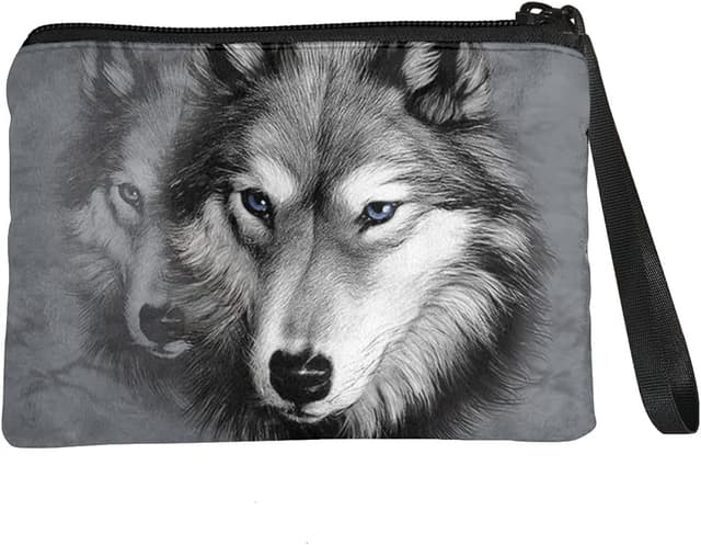 Detalle de Chaqlin women’s coin purse flannel mini wallet pouch (grey wolf print) with wrist strap