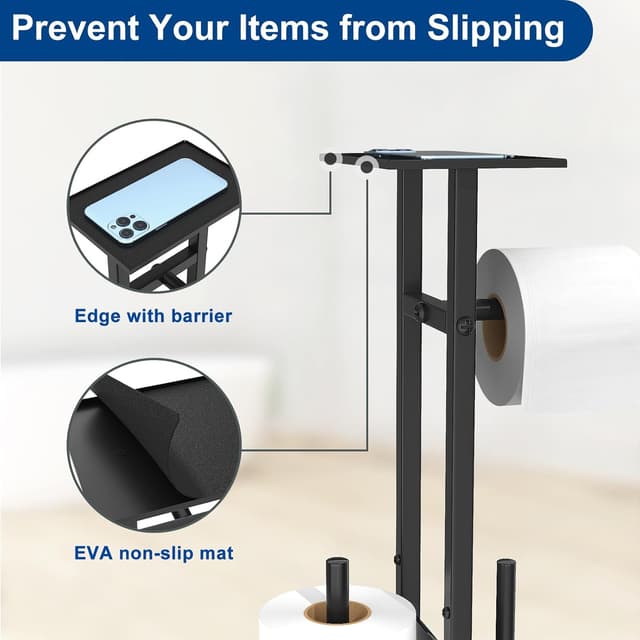 Detalle de Edelstahl Klopapierhalter stehend mit Klobürste & Tablett (Schwarz Matt) – WC Garnitur mit Glasregal