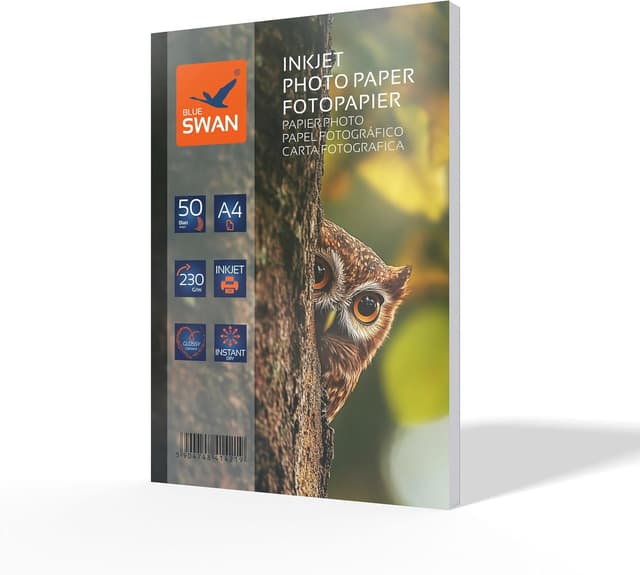 Detalle de BLUE SWAN Carta Fotografica Lucida A4 230 g/m² Extra Spessa – 50 fogli, bianco lucido, asciugatura rapida e resistente all’acqua (inkjet)
