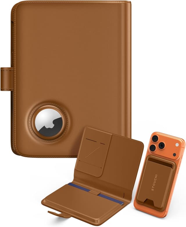 Detalle de Stouchi Passport Holder Airtag Wallet with Detachable Magnetic Card Case (Brown)