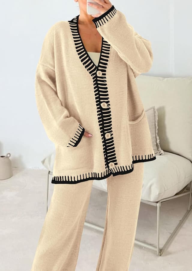 Thumbnail 6 de PRETTYGARDEN Women’s Lounge Set (2-Piece Cardigan + Wide-Leg Pants) — color-block knit outfits