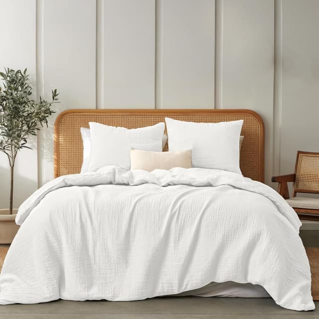 Detalle de Dreamzie Musselin-Bettwäsche 220x240 cm (100% Baumwolle) mit 1 Bettbezug & 2 Kissenbezügen 80x80 cm – Oeko-Tex, Reißverschluss, Weiß