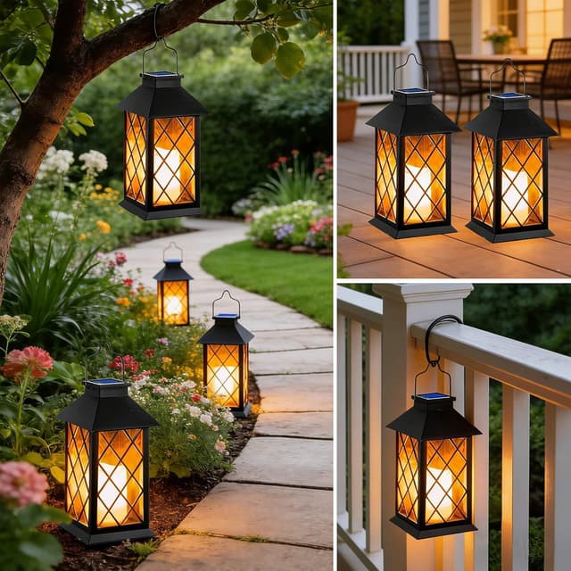 Detalle de Joycome Outdoor Lanterns Solar Garden Lanterns (2 Pack) in Black with Flickering LED Candles