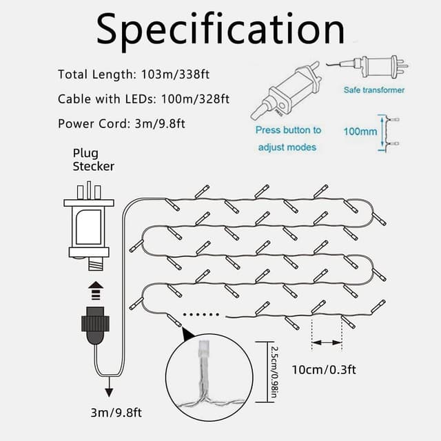 Detalle de Fairy Lights Mains Powered 100m/328ft, 1000 LED Plug-in String Lights with 8 Modes (Warm White)