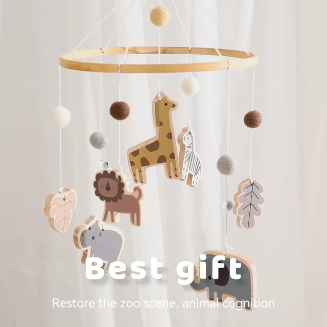 Detalle de Mobile Baby Windspiele mit bunten Safari-Motiven – Bettglocke aus Filz & Naturholz für Kinderzimmer-Deko