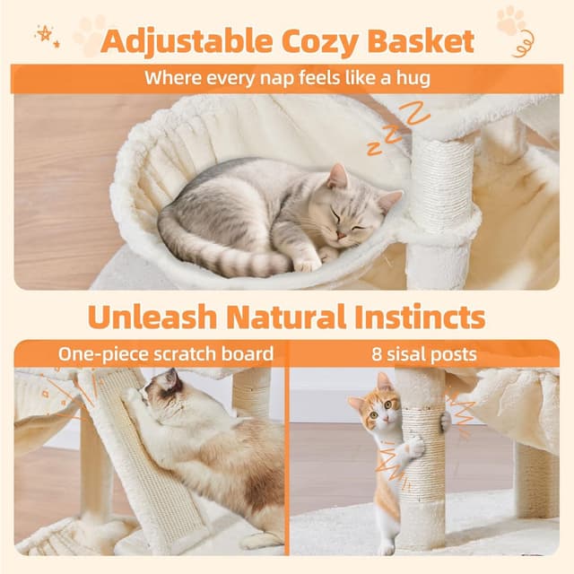 Detalle 2 de Taoqimiao 146cm Cat Tree (MS026M) with 8 Sisal Scratching Posts, Hammock & 2 Top Perches