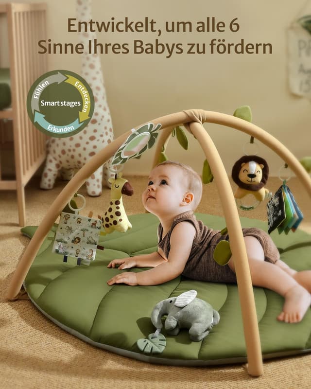 Detalle 2 de Blissful Diary Baby-Spielbogen mit Activity-Playmatte „Waldgrün“ und 6 abnehmbaren Spielzeugen (Übergroßes Blatt, 135 × 94 × 2,5 cm)