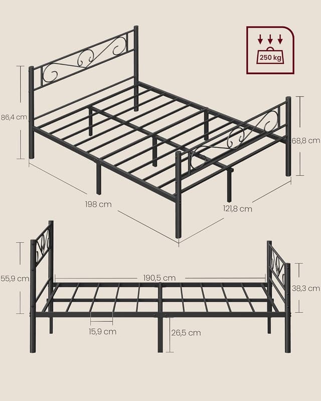 Detalle de VASAGLE Struttura letto matrimoniale a doghe in metallo RMB060B01 (120 x 190 cm), nero inchiostro