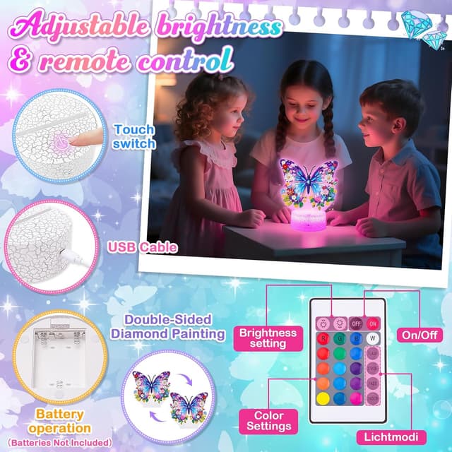 Detalle de Girls Butterfly Diamond Painting Night Light Craft Kit (Age 5–12) with Touch & Remote Control