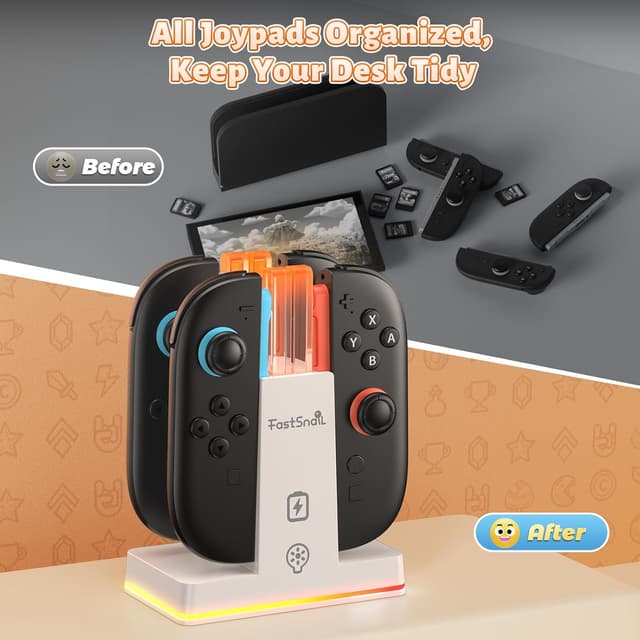 Detalle 2 de FASTSNAIL RGB Ladestation für Joy Con 2 – magnetisch, für bis zu 4 Controller, 9 RGB-Modi (Weiß)