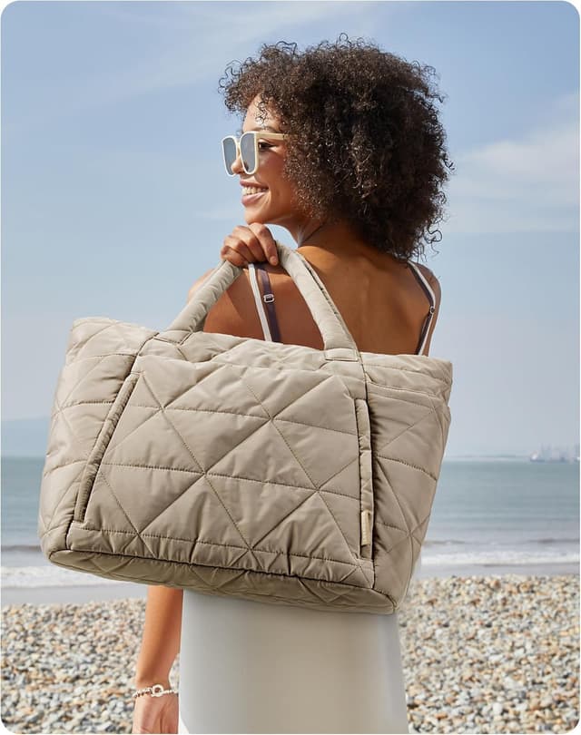 Detalle de BAGSMART Puffer Tote Bag for Women with Zipper, Quilted Shoulder Bag for Travel, Work, Gym