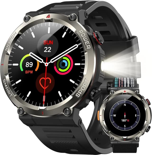 Detalle de IOWODO Smartwatch Uomo Militare 1.45" con chiamate Bluetooth, bussola e torcia LED, IP68