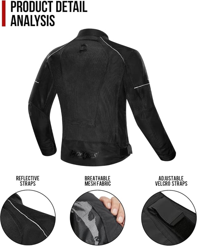 Detalle de IRON JIA’S Giacca da moto estiva da uomo con protezioni certificate CE e mesh traspirante (nera)