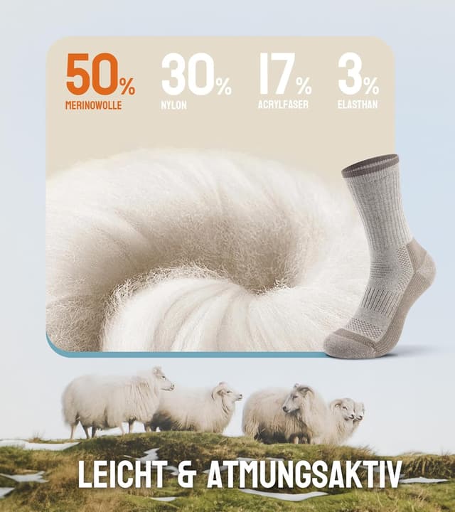 Detalle de TANSTC Merino Wandersocken Sommer – atmungsaktive Trekkingsocken mit Polsterung (3 Paar)