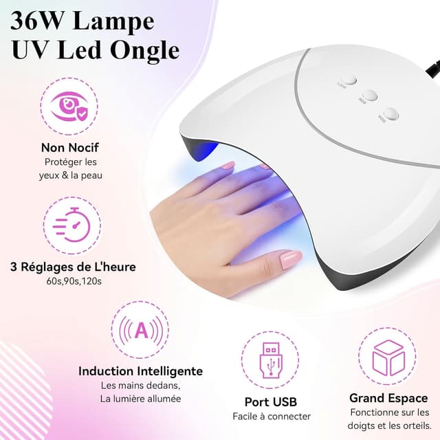 Detalle 2 de Kit vernis semi permanent VANREESA 20 couleurs avec lampe UV 36 W, base, top & paillettes (25 pièces)