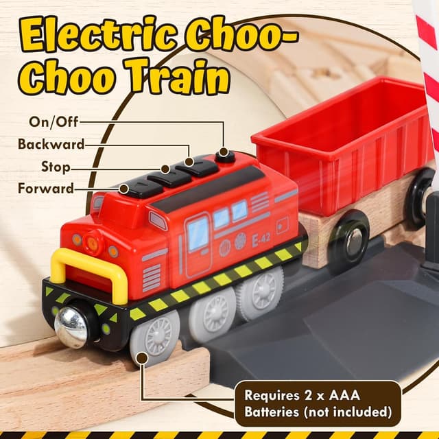 Detalle de Lehoo Castle 68pc Toddler Construction Train Set with Crane (Wooden Railway Toy, ages 3+)