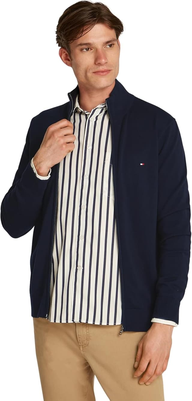Detalle de Tommy Hilfiger Herren Pullover Essential Cotton Zip Thru Stehkragen mit Reißverschluss