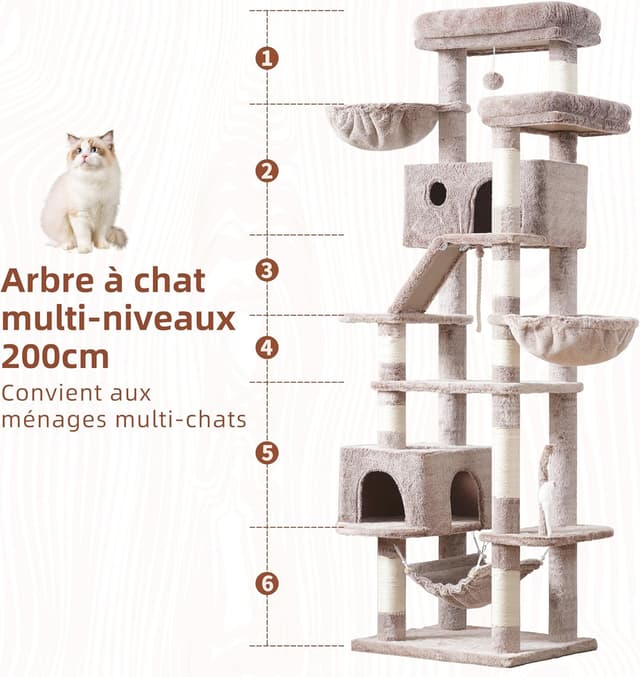 Detalle de Arbre à chat Gitelsnour GCT031MU (200 cm) : tour de jeux intérieur avec hamac, niches et griffoir