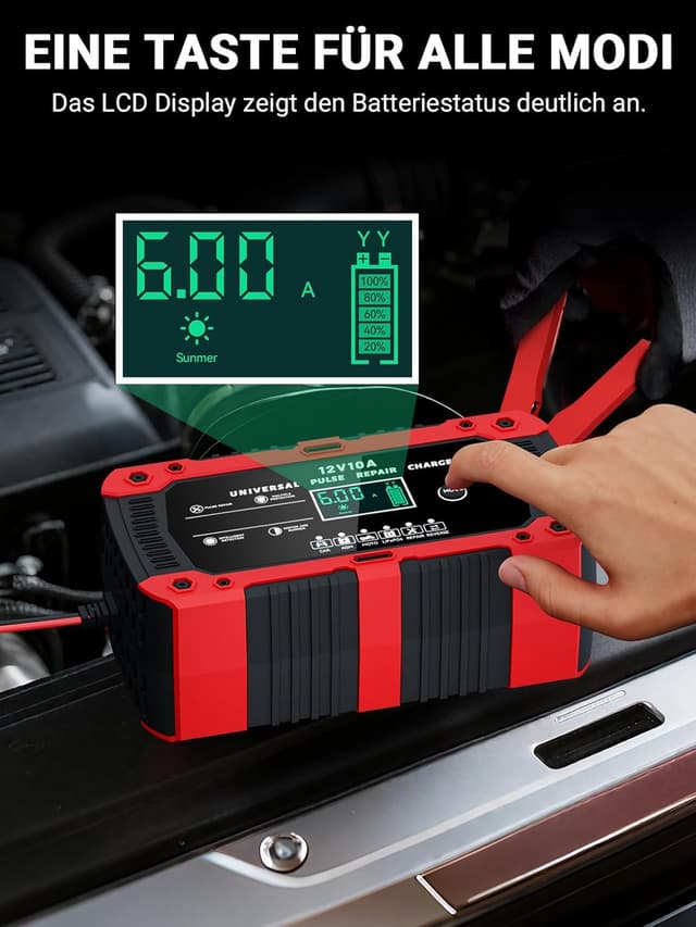 Detalle 2 de Autobatterie-Ladegerät 12V 10A mit LCD, Temperaturkompensation & Rekonditionierungsmodus