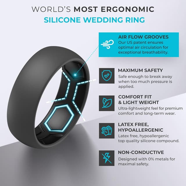 Detalle 2 de ThunderFit Men’s Patterned Silicone Rings (8mm) — Hypoallergenic Active Wedding Band Alternative, Variety Multipack