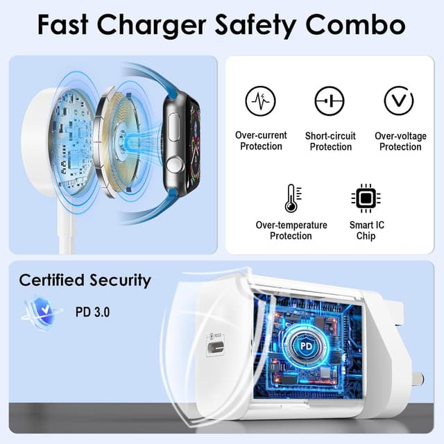 Detalle de Autallgee Upgraded 2 in 1 Charger for Apple Watch and iPhone (USB‑C to Lightning) with 20W wall charger