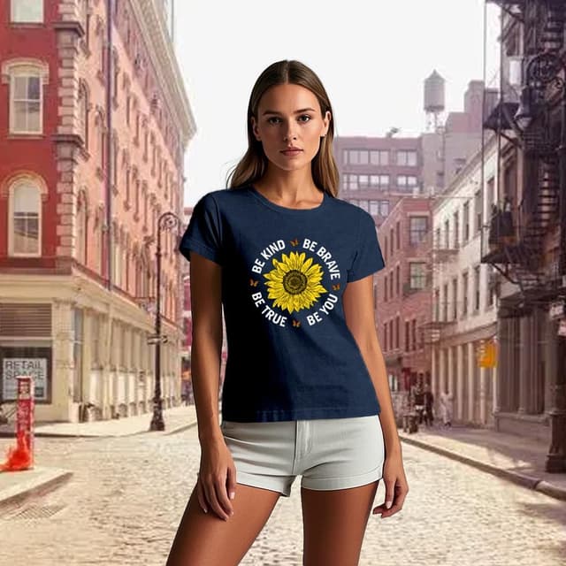 Detalle de Qskall women’s sunflower print “Be Kind” T-shirt – soft everyday inspirational tee