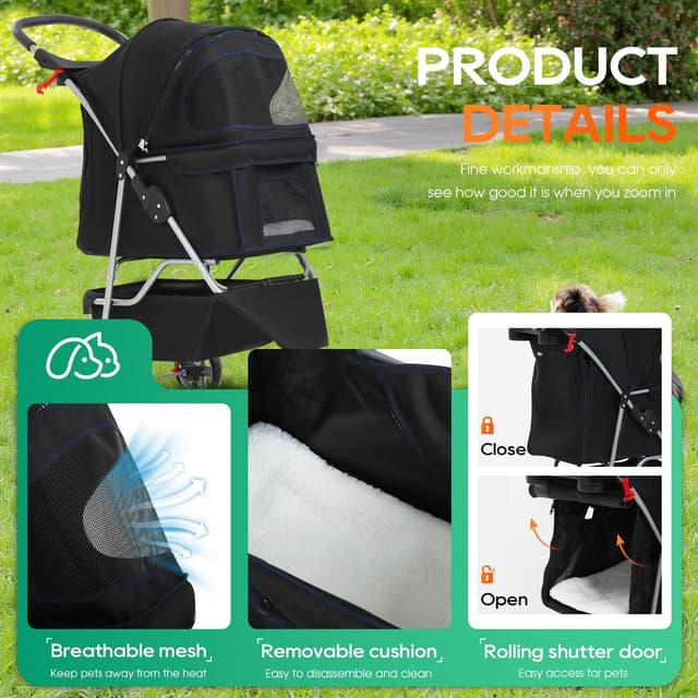 Detalle 2 de BestPet 3-Wheel Pet Stroller (Dog and Cat) with Breathable Mesh, Waterproof Foldable Design, Storage Basket