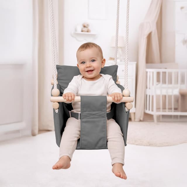 Detalle de MAMOI® balançoire d’intérieur bébé et enfants en bois et coton (balancelle scandinave)