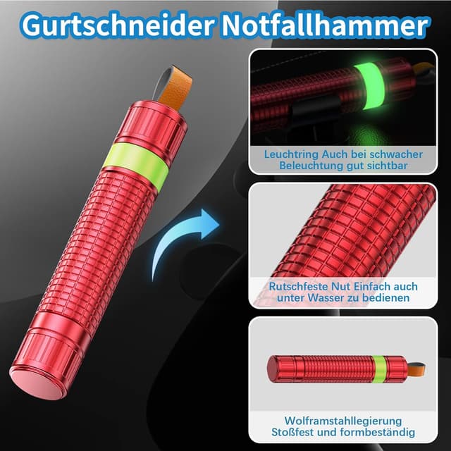Detalle de Queltrix 2-in-1 Notfallhammer mit Gurtschneider (2 Stück, nachleuchtend) und Glasbrecher