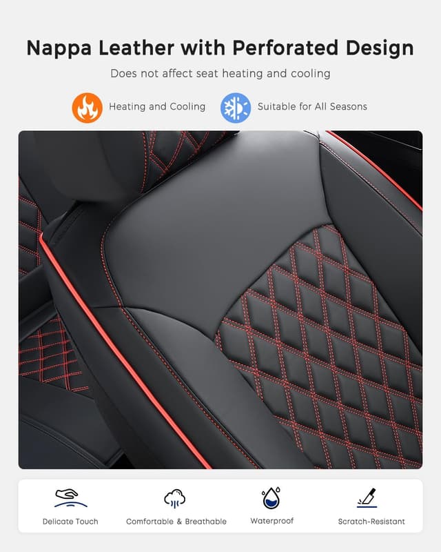 Detalle de Huidasource Nappa Leather Seat Covers (Full Set, Black & Red) — Velcro-Adjustable, Airbag-Compatible