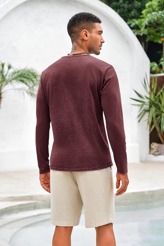 Detalle de Beotyshow Herren Langarm-Henley-Shirt im Vintage-Look (Slim Fit) – leichtes Baumwollhemd